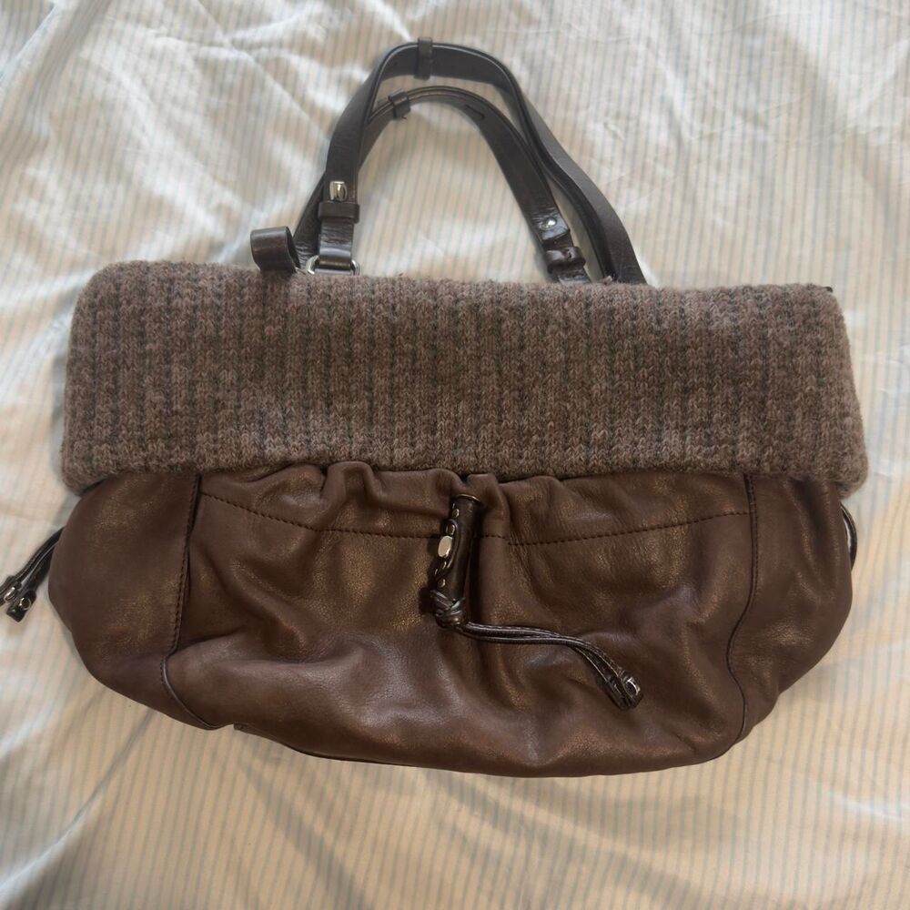 Francesco Biasia Brown Leather and Ribbed Knit Wool Hobo Bag